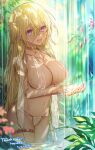  1girl bangs blonde_hair blush breasts cleavage covered_nipples dega1028 eyebrows_visible_through_hair flower hair_between_eyes highres large_breasts long_hair navel ooutdoors open_mouth original purple_eyes sideboob smile solo thigh_strap water wet 