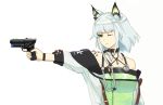  1girl animal_ears arknights bangs bare_shoulders blank_(blankcake_art) cat_ears commentary criss-cross_halter dress eyebrows_visible_through_hair green_dress green_eyes gun halterneck handgun holding holding_gun holding_weapon kal&#039;tsit_(arknights) off_shoulder one_eye_closed oripathy_lesion_(arknights) pistol short_hair silver_hair simple_background solo stethoscope upper_body weapon white_background 