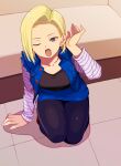  1girl absurdres android_18 arm_support blonde_hair denim denim_skirt denim_vest dragon_ball dragon_ball_z dutch_angle earrings forehead highres hoop_earrings jewelry kneeling long_sleeves looking_at_viewer one_eye_closed pantyhose purple_eyes rokoido12 shirt short_hair skirt solo striped striped_shirt tongue tongue_out white_shirt 
