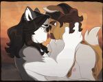  anthro bedroom_eyes black_body black_fur boyfriends brown_body brown_fur canid canine canis caressing_face domestic_dog duo ear_piercing ear_ring eli_(fleetwoodbrak) facial_hair fleetwoodbrak fur gio_(cadaverrdog) grey_body grey_fur hair half-closed_eyes long_hair love male male/male mammal muscular muscular_anthro muscular_male narrowed_eyes orange_background piercing raised_tail romantic romantic_couple seductive shirtless shirtless_anthro shirtless_male sideburns simple_background smile smirk smug smug_face smug_grin tan_body tan_fur 