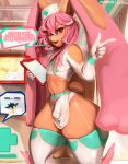  &lt;3 2022 anthro badger blush bottomwear brown_body brown_fur bulge clothed clothing detailed_background dialogue digital_media_(artwork) english_text eyebrows fur girly hair hat headgear headwear hi_res honey_badger hospital inside junibuoy lagomorph legwear leporid long_hair looking_at_viewer lopunny male mammal midriff mustelid musteline nintendo nurse nurse_clothing nurse_hat nurse_headwear one_eye_closed patreon pink_body pink_eyes pink_fur pink_hair pok&eacute;mon pok&eacute;mon_(species) pok&eacute;mon_center rabbit rotom rotom_phone rubber shiny_pok&eacute;mon skimpy skirt smile solo standing surprise text thick_eyebrows thick_thighs thigh_highs tight_clothing topwear typhlosion video_games wide_hips wink 