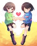  2girls bangs black_footwear black_legwear black_shorts blue_shirt boots brown_footwear brown_hair brown_shorts chara_(undertale) closed_eyes closed_mouth frisk_(undertale) full_body green_sweater heart highres long_sleeves looking_at_viewer multiple_girls multiple_others pantyhose red_eyes shiny shirt short_hair short_shorts shorts smile striped striped_shirt striped_sweater sweater undertale white_background wings xox_xxxxxx yellow_leaves 