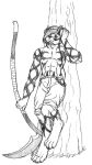  4_toes 5_fingers anthro biped black_and_white chain cheek_tuft claws facial_tuft feet fingers front_view headphones hi_res holding_object holding_weapon leaning leaning_back male monochrome muscular muscular_anthro muscular_male plant skyelegs solo standing toes traditional_media_(artwork) tree tuft weapon 