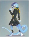  2022 absurd_res anthro blue_body blue_hair border clothed clothing digital_media_(artwork) fully_clothed hair hi_res looking_at_viewer looking_back looking_back_at_viewer scalie solo standing white_border yshanii 