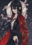  1girl bangs black_hair black_sash branch breasts center_opening cherry_blossoms chest_tattoo cleavage cloak closed_mouth collarbone commentary_request cowboy_shot dragon_print dragon_tattoo floating_hair flower full_moon grey_background hair_between_eyes highres holding holding_sword holding_weapon japanese_clothes long_hair long_sleeves looking_at_viewer moon open_cloak open_clothes original petals pink_flower print_cloak red_cloak sash seal_impression signature small_breasts solo standing sword tattoo ushiyama_ame very_long_hair weapon wide_sleeves yellow_eyes 