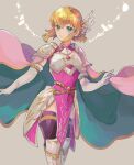  1girl armor bangs black_legwear blonde_hair boots breastplate cape commentary_request dress elbow_gloves feet_out_of_frame fes4 fire_emblem fire_emblem:_thracia_776 gloves green_eyes grey_background looking_at_viewer nanna_(fire_emblem) pauldrons pelvic_curtain pink_dress short_hair shoulder_armor simple_background smile solo standing thighhighs white_footwear white_gloves wing_hair_ornament 