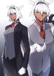  1girl animal_ears blue_eyes caenis_(fate) crossdressing dark-skinned_female dark_skin fate/grand_order fate_(series) formal gloves gradient gradient_background hair_intakes highres long_hair one_eye_closed ponytail sabamori simple_background smirk suit tuxedo vest white_gloves white_hair 