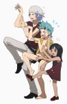  1girl 2boys aqua_hair arm_up bare_arms bare_legs barefoot black_hair child collarbone dress extra_arms flying_sweatdrops franky full_body goggles goggles_on_head hand_up head_scarf height_difference highres iceburg leg_up male_swimwear multiple_boys nico_robin one_piece open_clothes open_mouth open_shirt outstretched_arm pants parody petals pose purple_hair qin_(7833198) shirt shoes short_dress short_sleeves simple_background sleeveless sleeveless_dress standing standing_on_one_leg swim_briefs t-shirt tan teenage toes v-shaped_eyebrows white_background yotsubato! yotsubato!_pose younger 
