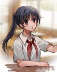  1girl bangs black_eyes black_hair blurry blurry_background breasts classroom collared_shirt highres looking_to_the_side medium_breasts neck_ribbon open_mouth original ponytail red_ribbon ribbon rulacloi school_uniform shirt short_sleeves table twitter_username upper_body vietnam white_shirt 