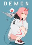  1girl aircraft airplane artist_name atamonica commentary demon demon_horns english_commentary f3h_demon fighter_jet hand_on_own_chin highres hood hoodie horns jacket jet kneeling looking_at_viewer military military_vehicle original personification pink_hair pointy_ears shoes sneakers yellow_eyes 