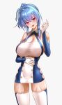  1girl argyle argyle_cutout azur_lane blue_dress blue_hair breasts cleavage clothing_cutout dress elbow_gloves garter_straps gloves halterneck highres large_breasts lom_(lom_lom_8) long_hair looking_at_viewer purple_eyes revealing_clothes short_dress side_ponytail skindentation sleeveless sleeveless_dress smile solo st._louis_(azur_lane) taut_clothes taut_dress thighhighs zettai_ryouiki 