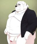 2022 anthro balls belly big_belly black_nose clothing eyewear flaccid genitals glasses hi_res humanoid_genitalia humanoid_hands humanoid_penis kemono male mammal mature_male o_miso_n overweight overweight_male penis polar_bear shirt solo topwear ursid ursine white_body 