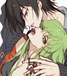  1boy 1girl arm_up bangs black_hair breasts brown_eyes c.c. cherry cleavage code_geass collarbone creayus eyebrows_visible_through_hair food fruit green_hair height_difference holding holding_food lelouch_lamperouge long_hair long_sleeves looking_at_viewer looking_down medium_breasts mouth_hold open_mouth parted_lips purple_eyes short_hair tank_top tongue tongue_out upper_body 