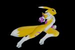  2022 3:2 3d_(artwork) action_pose alargewoodenbadger anthro bandai_namco black_sclera blue_eyes canid canine chest_tuft clothing covering covering_breasts dashing digimon digimon_(species) digital_media_(artwork) female fever-dreamer fox fur gloves handwear hi_res jumping kespr leaping mammal mane multicolored_body multicolored_fur pose renamon simple_background solo tuft white_body white_fur yellow_body yellow_fur 