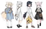  4girls ahoge animal_ear_fluff animal_ears arknights backpack bag bangs black_dress black_hair blonde_hair blue_dress blue_eyes blue_hairband book braid brown_hair closed_mouth collared_dress commentary_request dress eyebrows_visible_through_hair fox_ears fox_girl fox_tail grey_eyes grey_hair hair_between_eyes hair_rings hairband holding holding_bag holding_book holding_stuffed_toy kitsune lappland_(arknights) low_twintails multicolored_hair multiple_girls open_book red_(girllove) red_eyes short_twintails shoulder_bag simple_background smile standing stuffed_animal stuffed_toy sussurro_(arknights) suzuran_(arknights) tail teddy_bear texas_(arknights) twin_braids twintails two-tone_hair white_background white_dress white_hair younger 