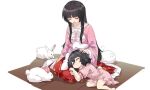  2girls :3 animal_ears bangs barefoot black_hair blunt_bangs blush bow bowtie bunny carrot_necklace closed_eyes closed_mouth commentary_request dress eyebrows_visible_through_hair flat_chest floppy_ears floral_print frilled_sleeves frills full_body headpat hime_cut houraisan_kaguya inaba_tewi japanese_clothes jewelry lap_pillow long_hair long_skirt long_sleeves multiple_girls nejikyuu open_mouth pendant pink_dress pink_shirt puffy_short_sleeves puffy_sleeves rabbit_ears rabbit_tail red_skirt ribbon-trimmed_dress seiza shirt short_hair short_sleeves sitting skirt smile tail touhou very_long_hair white_bow white_bowtie wide_sleeves 