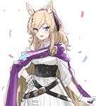 1girl :d animal_ear_fluff animal_ears arknights bangs bare_shoulders belt black_belt blonde_hair blue_eyes cape commentary_request confetti cowboy_shot dress eyebrows_visible_through_hair gloves hand_on_hip highres long_hair long_sleeves looking_at_viewer open_mouth raw_egg_lent simple_background smile solo standing whislash_(arknights) whislash_(glory_purple)_(arknights) white_background white_dress white_gloves 