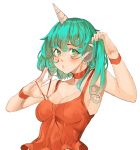  1girl absurdres adjusting_hair alternate_hairstyle bare_shoulders breasts choker cleavage green_eyes green_hair highres horns komano_aunn long_hair looking_at_viewer nail_polish red_nails simple_background single_horn solo star-shaped_pupils star_(symbol) symbol-shaped_pupils tomatolover16 touhou upper_body white_background 