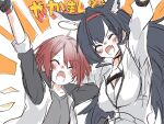  2girls ahoge an_fyhx angel_wings animal_ears arknights arms_up backlighting bangs black_hair blaze_(arknights) blush_stickers breasts cat_ears closed_eyes collarbone exusiai_(arknights) eyebrows_visible_through_hair eyes_visible_through_hair fang gloves grey_jacket grey_shirt hair_between_eyes hair_over_one_eye hairband halo jacket long_hair long_sleeves multiple_girls open_mouth orange_background red_hair shirt short_hair shouting sketch smile upper_body white_background white_jacket white_shirt wings 