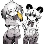  2girls african_wild_dog_(kemono_friends) african_wild_dog_print animal_ears arm_at_side arm_under_breasts artist_name bangs bare_arms bird_girl bird_tail bird_wings blonde_hair bodystocking bow bowtie breasts chin_stroking closed_mouth collared_shirt cutoffs dog_ears dog_girl dog_tail expressionless eyebrows_visible_through_hair feet_out_of_frame gloves greyscale hair_between_eyes hand_on_hip hand_on_own_chin hand_up head_wings highres kemono_friends layered_sleeves legwear_under_shorts long_hair long_sleeves looking_at_viewer medium_hair monochrome multicolored_hair multiple_girls necktie pantyhose shirt shoebill_(kemono_friends) short_over_long_sleeves short_shorts short_sleeves shorts spot_color standing staring tail thinking wing_collar wings yellow_eyes yokuko_zaza 