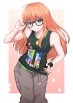  1girl absurdres ahoge bangs bare_shoulders belt black_belt border breasts cargo_pants closed_mouth english_text glasses green_tank_top grey_pants hand_on_eyewear hand_on_hip highres kirima_(user_danf8787) leaning_forward long_hair looking_at_viewer orange_hair pants persona persona_5 print_shirt purple_eyes sakura_futaba shirt small_breasts smile solo starry_background tank_top tetris white_border wristband 