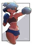  1girl amazu_(kurozu) black_sports_bra blue_eyes blue_gloves blue_hair blue_shorts border borrowed_character boxing_gloves breasts cropped_legs dif_(difman) dolphin_shorts gloves grimace highres motion_blur navel original outside_border petite punching serious short_hair shorts signature simple_background small_breasts solo sports_bra sweat tan topknot white_border 