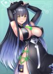  1girl animal_ears armpits arms_behind_head arms_up bangs bare_shoulders black_dress black_hair blue_archive blush bosshi breasts china_dress chinese_clothes cleavage detached_sleeves dress green_eyes highres large_breasts long_hair looking_at_viewer open_mouth ponytail shun_(blue_archive) side_slit sideboob sidelocks smile solo tassel tiger_ears 