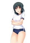  1girl blue_buruma blush breasts buruma cowboy_shot crossed_arms dark_green_hair eyebrows_behind_hair green_hair gym_shirt gym_uniform hair_between_eyes hair_ribbon highres hino_minato_(spec.c) love_live! love_live!_nijigasaki_high_school_idol_club mifune_shioriko open_mouth orange_eyes ribbon shirt short_hair short_sleeves small_breasts solo 