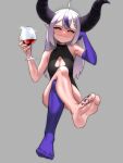  1girl ahoge bare_shoulders barefoot blush braid breasts cleavage crossed_legs cup drinking_glass elbow_gloves gloves grey_background highres hololive horns kouy la+_darknesss long_hair looking_at_viewer nail_polish no_shoes pointy_ears purple_gloves purple_hair purple_legwear purple_nails silver_hair simple_background single_glove single_thighhigh smile solo thighhighs toenail_polish toenails virtual_youtuber wine_glass yellow_eyes 