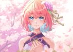  1girl blue_eyes blue_hair cherry_blossoms flower graduation hair_flower hair_ornament hien_madoka highres megalight_production multicolored_hair nishiwaki pink_hair short_hair sleeveless upper_body virtual_youtuber 