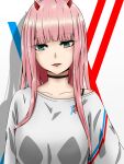  1girl absurdres aqua_eyes bangs black_choker blunt_bangs bra_strap choker collarbone darling_in_the_franxx eyebrows_visible_through_hair highres horns long_hair looking_at_viewer open_mouth pink_hair shadow shiny shiny_hair shippaidayo shirt solo straight_hair upper_body white_shirt zero_two_(darling_in_the_franxx) 