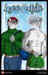  anthro bag blue_eyes boxers_(clothing) clothing comic cover cover_art cover_page duo eyewear felid glasses gradient_background grey_body hat headgear headwear hi_res male mammal muscular muscular_anthro muscular_male nipples pantherine simple_background snow snow_leopard text underwear white_body whitetigercub yellow_eyes 