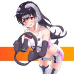  1girl african_penguin_(kemono_friends) animal_ears black_eyes black_gloves black_hair gloves highres kemono_friends kemono_friends_v_project long_hair looking_at_viewer microphone multicolored_hair open_mouth sawara_noa shoes simple_background skirt smile solo tail virtual_youtuber white_background 