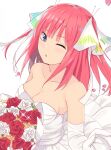  1girl absurdres blue_eyes bouquet breasts cleavage collarbone dress elbow_gloves floating_hair flower gloves go-toubun_no_hanayome hair_ribbon highres holding holding_bouquet kouta(34765766) long_hair medium_breasts nakano_nino one_eye_closed open_mouth pink_hair red_flower red_rose ribbon rose shiny shiny_hair solo sparkle strapless strapless_dress twintails wedding_dress white_background white_dress white_flower white_gloves white_ribbon white_rose 