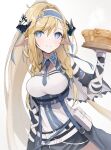  1girl arknights bangs blonde_hair blue_eyes commentary_request food hand_up highres holding holding_plate long_hair looking_at_viewer matchadzuke partial_commentary plate saileach_(arknights) smile solo very_long_hair 