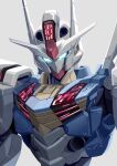  aqua_eyes commentary glowing glowing_eyes grey_background gundam gundam_aerial gundam_suisei_no_majo highres looking_at_viewer mecha mobile_suit no_humans science_fiction shiromoca solo upper_body v-fin 