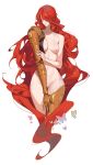  1557263260 1girl absurdres amputee breasts closed_mouth completely_nude elden_ring floating_hair highres long_hair malenia_blade_of_miquella malenia_goddess_of_rot mechanical_arms navel nude prosthesis prosthetic_arm prosthetic_leg red_hair simple_background single_mechanical_arm solo very_long_hair 