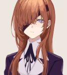  1girl bangs black_ribbon blue_eyes brown_hair closed_mouth collared_shirt commentary_request eyepatch fate/grand_order fate_(series) hair_over_one_eye light_blush long_hair long_sleeves looking_at_viewer nozz177 ophelia_phamrsolone ribbon shirt sidelocks simple_background solo upper_body 