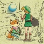  ambiguous_gender anthro canid canine chooy64 clothing crossover dialogue_box duo fox gem hat headgear headwear hi_res humanoid hylian link male mammal melee_weapon nintendo ruin_seeker scarf shield sword the_legend_of_zelda tunic_(video_game) video_games weapon 