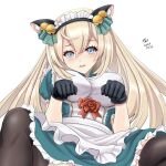  1girl alternate_costume animal_ears apron black_gloves blonde_hair blue_dress blue_eyes breasts cat_ears commentary_request dated dress enmaided flower frilled_apron frills gloves kantai_collection large_breasts long_hair looking_at_viewer maid maid_headdress out-of-frame_censoring paw_pose red_flower red_rose rose simple_background sitting solo tk8d32 victorious_(kancolle) white_apron white_background 