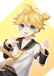  1boy aroeruji3 bass_clef blonde_hair blue_eyes detached_sleeves eyebrows_visible_through_hair gradient gradient_background headset highres kagamine_len looking_at_viewer male_focus necktie open_mouth outline sailor_collar simple_background smile solo vocaloid white_outline yellow_background yellow_belt yellow_necktie 
