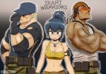 1girl bandana blue_hair blush breasts clark_still cleavage closed_mouth copyright_name earrings gloves highres ikari_warriors jewelry leona_heidern long_hair military multiple_boys necklace ralf_jones rog_rockbe simple_background sunglasses tank_top the_king_of_fighters the_king_of_fighters_xiv 