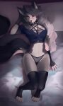  anthro bed breasts canid canine canis clothing collar female furniture harness helluva_boss hi_res kefircream legwear loona_(helluva_boss) mammal navel pentagram pentagram_harness red_eyes solo thigh_highs underwear wolf 