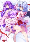  2girls barefoot bat_wings coat dress eichi_yuu feet_out_of_frame frilled_dress frills highres light_blue_hair long_hair multiple_girls no_hat no_headwear open_mouth pajamas patchouli_knowledge pink_coat pink_pajamas pink_shirt pink_skirt purple_eyes purple_hair purple_pajamas red_eyes remilia_scarlet removing_coat removing_shoes shirt short_hair skirt smile striped striped_dress thighs toes touhou vertical-striped_dress vertical_stripes very_long_hair wings 