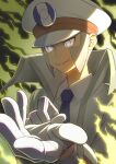  1boy blue_necktie coat collared_shirt commentary_request dress_shirt emmet_(pokemon) gloves grey_eyes grey_hair hat high_collar highres long_sideburns long_sleeves male_focus minamo_(erkn7553) necktie parted_lips peaked_cap pokemon pokemon_(game) pokemon_bw shirt short_hair sideburns smile solo teeth trench_coat upper_body upper_teeth white_coat white_gloves white_headwear white_shirt 