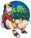  1boy arm_support backpack backwards_hat bag bangs baseball_cap black_hair black_shirt closed_mouth commentary_request copyright_name cyndaquil ethan_(pokemon) fire frown grey_eyes hat holding holding_poke_ball jacket long_sleeves looking_to_the_side male_focus poke_ball poke_ball_(basic) pokemon pokemon_(creature) pokemon_(game) pokemon_gsc red_footwear red_jacket shirt shoes short_hair shorts tetsu_(teppei) white_bag yellow_shorts 