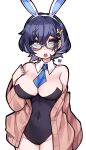  1girl :o absurdres alternate_costume animal_ears bare_shoulders between_breasts black_leotard blue_archive blue_hair blue_necktie breasts chihiro_(blue_archive) cleavage collarbone commentary_request covered_navel cowboy_shot eyebrows_visible_through_hair fake_animal_ears glasses green_eyes hair_behind_ear hair_between_eyes hand_up highleg highleg_leotard highres large_breasts leotard long_sleeves looking_at_viewer necktie necktie_between_breasts off_shoulder open_mouth paaran playboy_bunny shiny shiny_skin simple_background solo strapless strapless_leotard teeth thick_eyelashes upper_teeth white_background wide_sleeves 