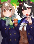  2girls absurdres ahoge animal_ears asahina_yoi bangs black_hair blue_jacket blush brown_eyes brown_hair buttons cup eating eyebrows_visible_through_hair familymart food green_scarf hair_ornament highres horse_ears horse_girl horse_tail jacket kitasan_black_(umamusume) long_hair long_sleeves looking_at_viewer multicolored_hair multiple_girls red_eyes ribbon satono_diamond_(umamusume) scarf short_hair smile streaked_hair tail umamusume very_long_hair white_hair white_ribbon 