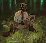 2021 african_wild_dog andromorph anthro artist_name banan_zielony_(dudelinooo) barefoot biped black_eyebrows black_nails bodily_fluids bottomless brown_body brown_fingers brown_fur brown_inner_ear brown_markings brown_pawpads brown_spots canid canine cherry clitoris clothed clothing colored_nails detailed_background digital_media_(artwork) eyebrows facial_hair feet flower food forest forest_background front_view fruit full-length_portrait fur genital_fluids genitals grass green_hair hair hand_on_crotch hand_on_knee hand_on_leg hi_res inner_ear_fluff intersex jewelry leaking_pussy male mammal markings mohawk nails nature nature_background necklace nudelinooo open_mouth partially_clothed pattern_clothing pattern_shirt pattern_topwear pawpads plant portrait pussy_juice red_eyes red_tongue rock shirt sitting solo spots spread_legs spreading t-dick tan_inner_ear_fluff tan_markings teeth tongue topwear tree tuft yellow_clothing yellow_shirt yellow_topwear 