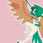  arrow_(projectile) closed_mouth commentary decidueye from_side grid_background kelvin-trainerk orange_pupils outline pink_background pokemon pokemon_(creature) solo twitter_username watermark yellow_eyes 